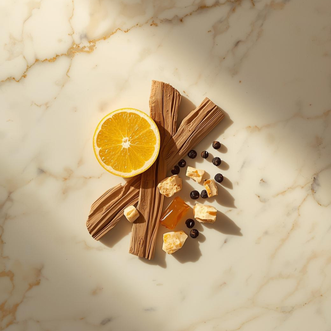 Cinnamon sticks, orange, and black peppercorns on a marble surface - His My First fragrance notes by Leesh — Top notes: Bergamot, Cedarwood. Heart notes: Amber, Spicy Black Pepper. Base notes: Musk, Patchouli. A bold, confident, and unforgettable scent designed to celebrate life's first milestones for men.