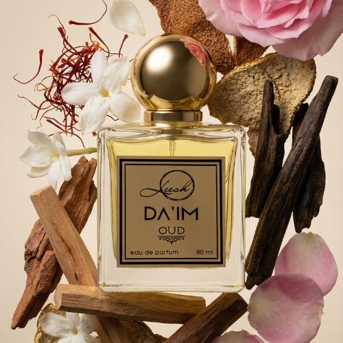 A vibrant product shot of DA'IM Oud Eau de Parfum by Leesh. The clear square glass bottle with its spherical gold cap and gold liquid is floating among its rich fragrance ingredients. It is framed by deep red saffron threads, delicate white jasmine blossoms, pink roses and petals, dark textured oud wood, smooth sandalwood pieces, and dried botanicals, all set against a warm beige background.