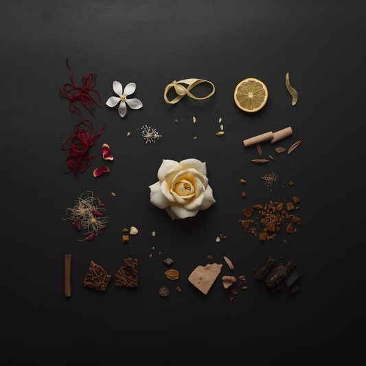 Spices and flowers arranged on a dark surface - Fragrance notes of Da'im Oud candle by Leesh Fragrances, showing top, middle and base notes, cinematic and luxury aesthetic