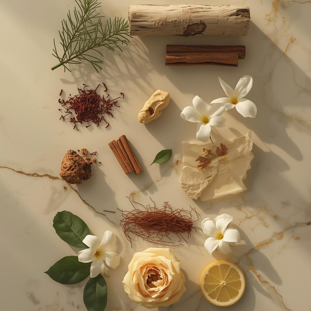 Fragrance notes of Da’im Oud by Leesh Fragrances — featuring saffron, jasmine, lemon, and bergamot at the top; rose, amberwood, and ylang-ylang at the heart; and a rich base of agarwood oud, musk, patchouli, sandalwood, cedar, and cinnamon.