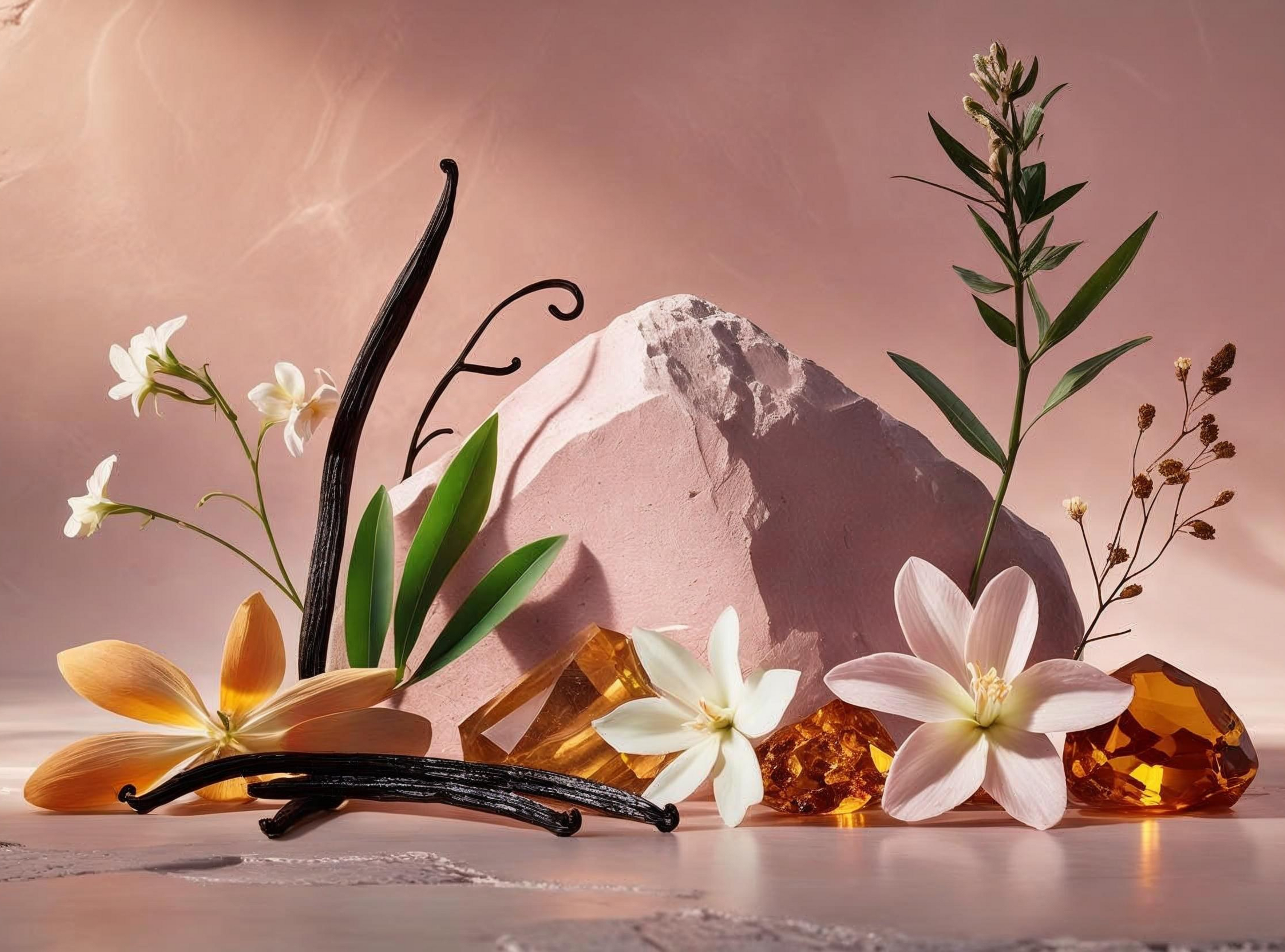 Luxury flat lay of premium fragrance notes including patchouli, cedarwood, vanilla, jasmine, rose, ylang-ylang, amber and musk, styled on a blush pink stone background, minimalist perfume ingredient photography for high-end branding