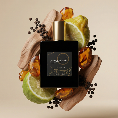 A dynamic product shot of 'His My First' Eau de Parfum by Leesh Fragrances. The signature opaque black square bottle with a metallic gold cap and black geometric label is floating in the center. It is surrounded by its raw fragrance notes: fresh sliced green bergamot, scattered black peppercorns, glowing golden amber resin stones, and smooth pieces of cedarwood, all set against a warm beige background.