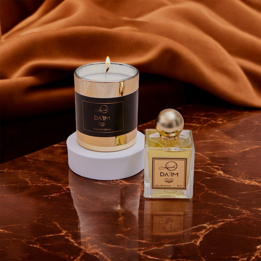 Da’im Oud Candle by Leesh Fragrances — a warm, amber-lit luxury candle with oud, jasmine, and vanilla notes, evoking intimacy and elegance.