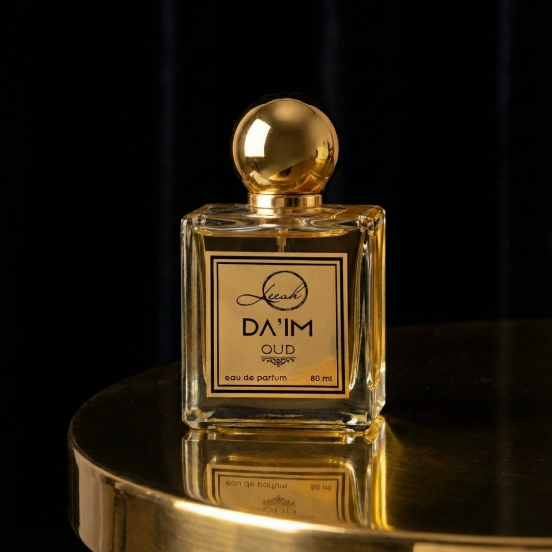 Da'im Oud perfume bottle by Leesh Fragrances, showcased in cinematic editorial style, luxury fragrance for evening and special occasions 