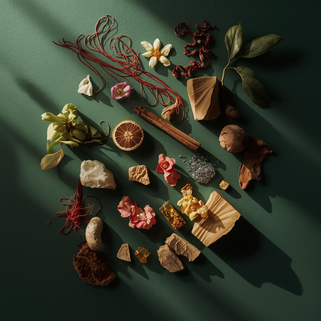 Fragrance notes of Da’im Oud by Leesh Fragrances — featuring saffron, jasmine, lemon, and bergamot at the top; rose, amberwood, and ylang-ylang at the heart; and a rich base of agarwood oud, musk, patchouli, sandalwood, cedar, and cinnamon.