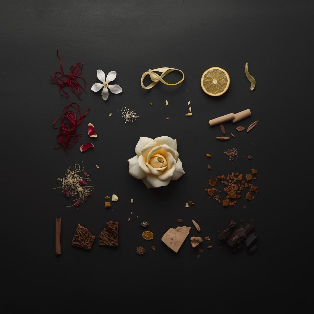 Spices and flowers arranged on a dark surface - Fragrance notes of Da'im Oud candle by Leesh Fragrances, showing top, middle and base notes, cinematic and luxury aesthetic