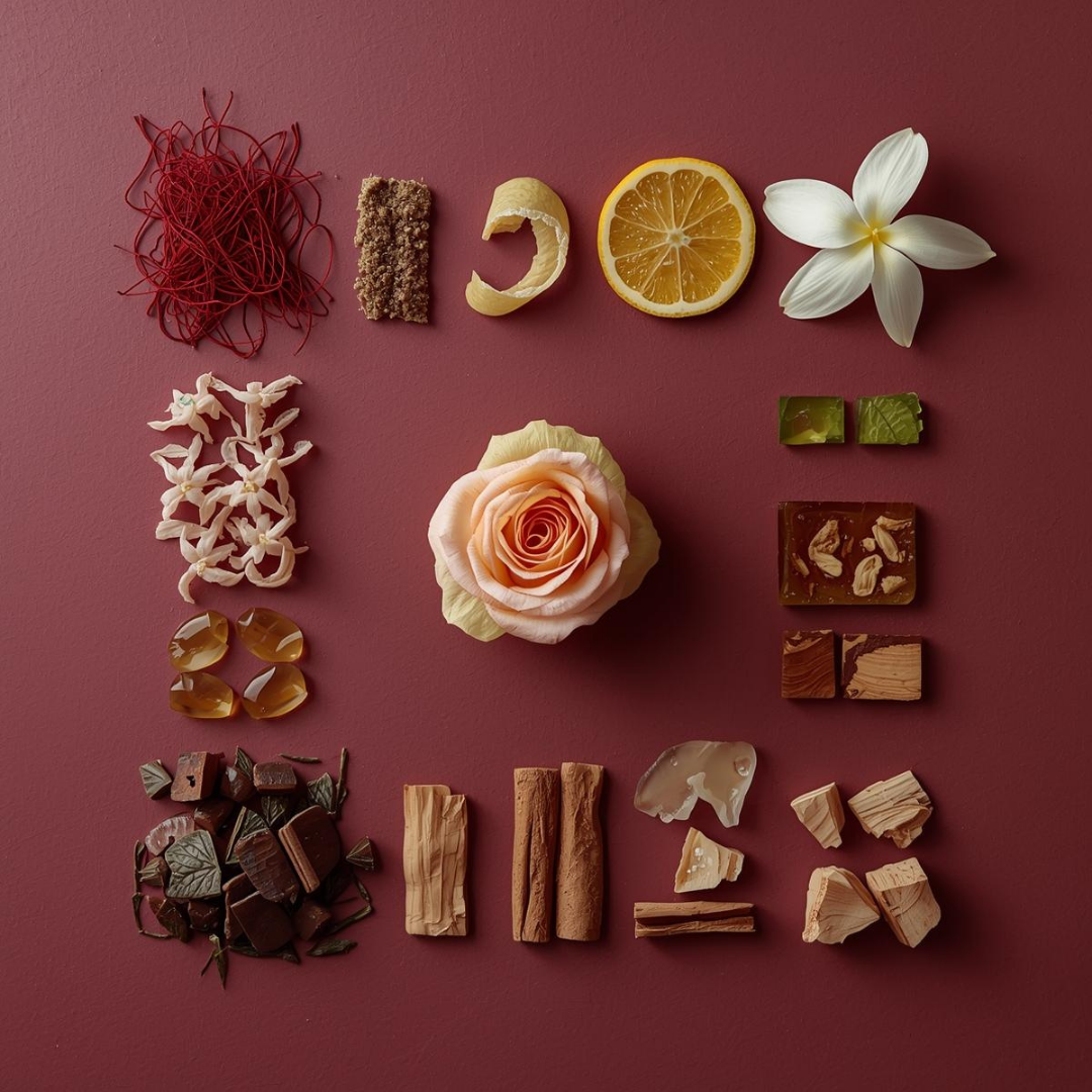 Spices, flowers, and other ingredients arranged on a red background - Da'im Oud perfume fragrance notes by Leesh Fragrances, highlighting top notes, middle notes, and base notes in luxurious, cinematic presenation