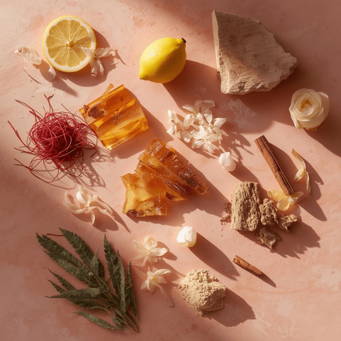 Fragrance notes of Da’im Oud — saffron, jasmine, rose, amberwood, patchouli, agarwood oud, sandalwood, and bergamot — captured in a luxury perfume and candle blend.