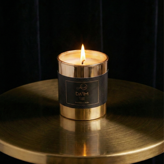 Da'im Oud scented candle by Leesh Fragrances, presented in a cinematic editorial style, luxury fragrance for home and ambience