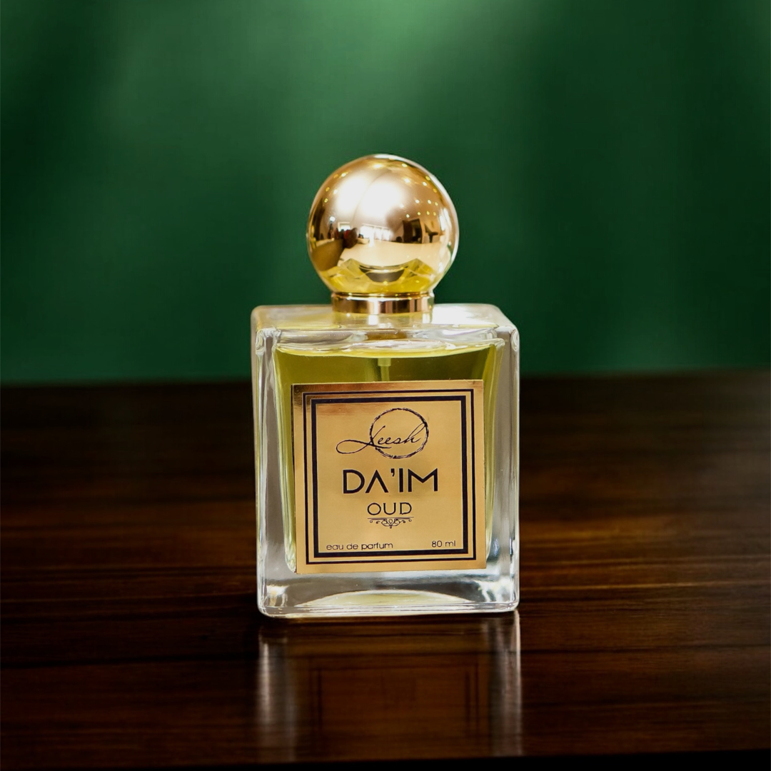 Da’im Oud by Leesh Fragrances — a luxury unisex perfume blending agarwood oud, amber, jasmine, and saffron. A timeless fragrance inspired by the Middle East and Western florals, evoking warmth, depth, and modern sophistication.
