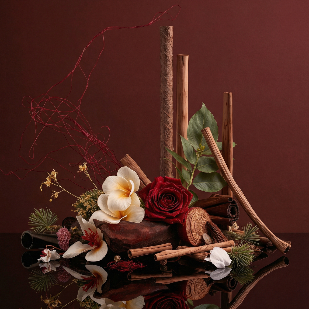 Spices and flowers on a reflective surface with a dark red background. Da’im Oud fragrance by Leesh Fragrances on a red background with displayed fragrance notes for Valentine’s Day.