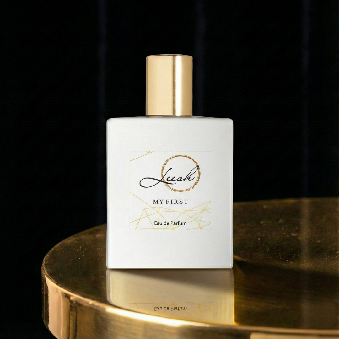 Her First perfume bottle by Leesh Fragrances presented in cinematic editorial style, luxury fragrance for day and special occasions 