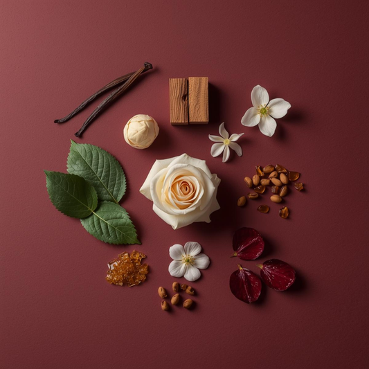 Spices, flowers, and leaves arranged on a maroon background - Fragrance notes of her first perfume by leesh fragrances, highlighting top, middle and base notes in cinematic and luxury presentation