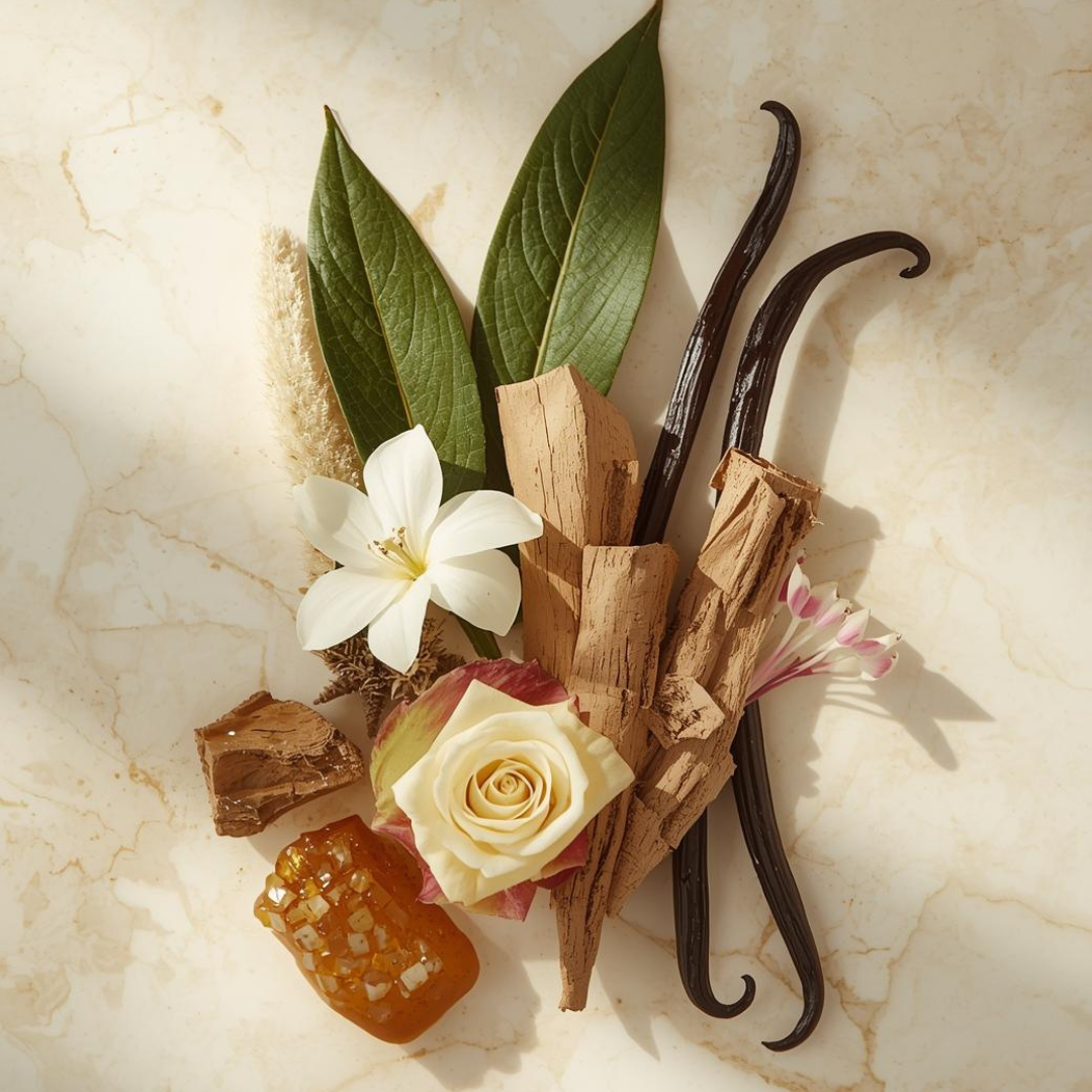 Vanilla beans, rose petals, and a white flower on a marble surface - Her My First fragrance notes by Leesh — Top notes: Patchouli, Cedarwood, Vanilla, Jasmine. Heart notes: Rose, Ylang-Ylang. Base notes: Amber, Musk. A bold, empowering, and irresistible scent designed to celebrate life's unforgettable first moments.
