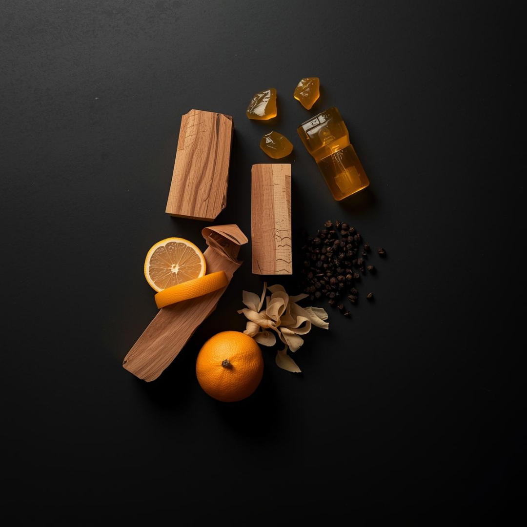 Wooden blocks, oranges, and other items on a dark surface - Fragrance notes of his first perfume by leesh fragrances, highlighting top, middle and base nites, in cinematic, luxury editorial presentation