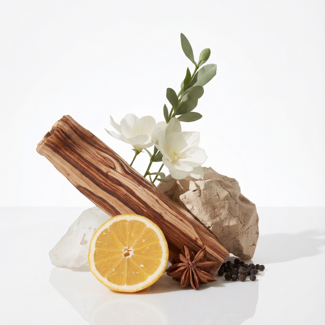 Wooden stick, lemon, star anise, and black pepper on a white background with flowers and rock. His My First fragrance by Leesh Fragrances on a white background showing the Valentine’s Day scent notes of bergamot, black pepper, cedarwood and amber.