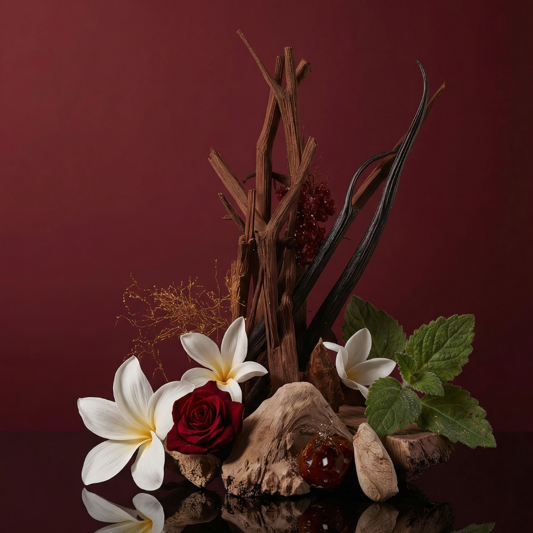 Decorative arrangement with flowers, leaves, and branches on a dark surface against a red-brown background. Her My First fragrance by Leesh Fragrances on a red background showing the Valentine’s Day scent notes: patchouli, cedarwood, vanilla, jasmine, rose, ylang‑ylang, amber and musk.