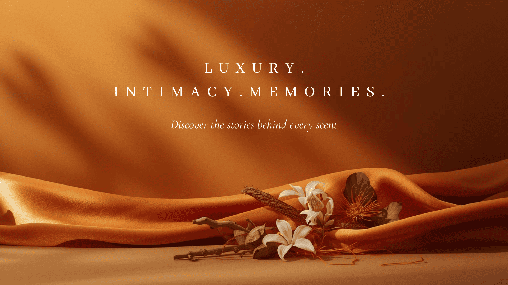 Leesh Fragrances homepage banner — luxurious burnt orange and terracotta tones with soft velvet textures, warm sunlight, and scattered dried florals. Evokes intimacy, sophistication, and the magic of unforgettable scented moments.
